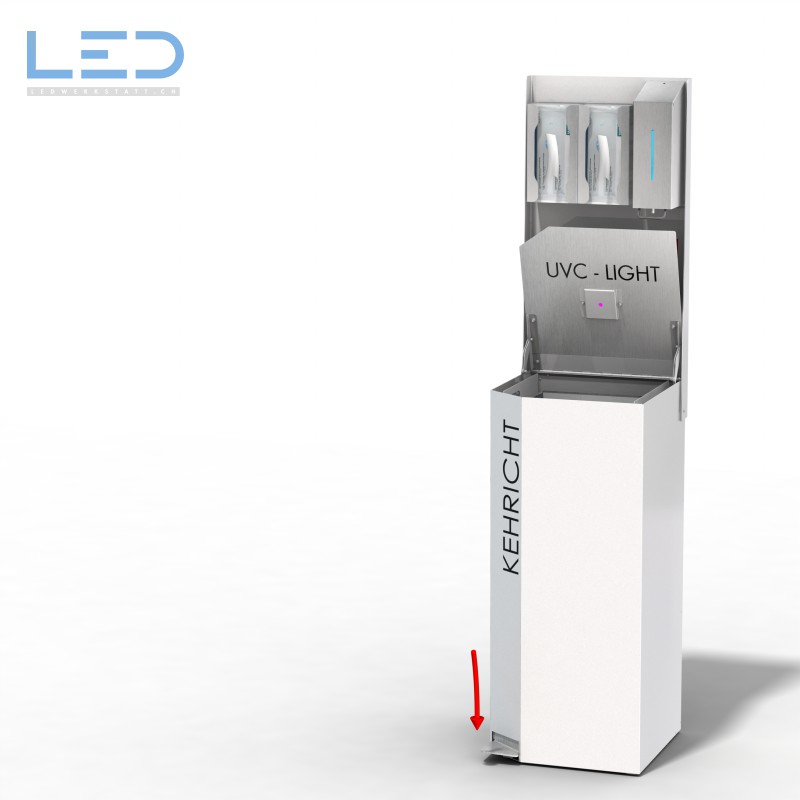 Hygienestation P-Bin, Health Care Bin, berührungsloser Abfallbehälter mit UVC LED zur Desinfektion, Dekontaminierung von COVID-19, Swissmade